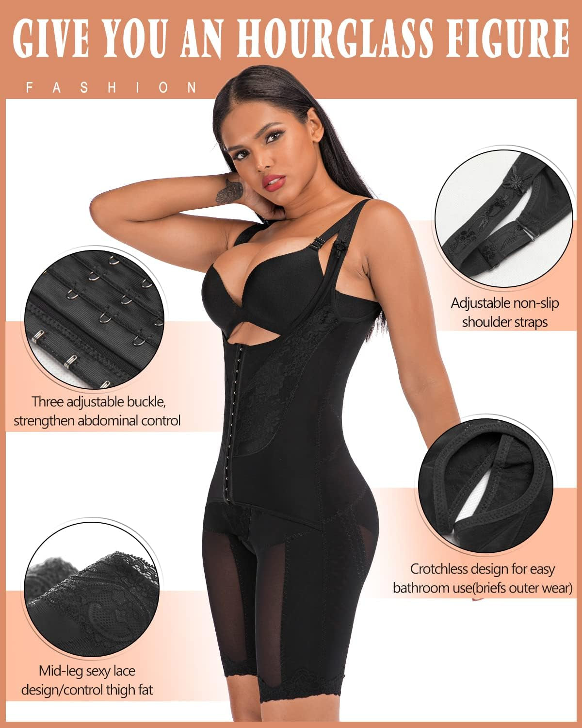 Women'S Body Shaper Waist Cincher Underbust Corset Bodysuit Shapewear,Black,Xl/Waitline:34"-36";Hipline:42"-45"